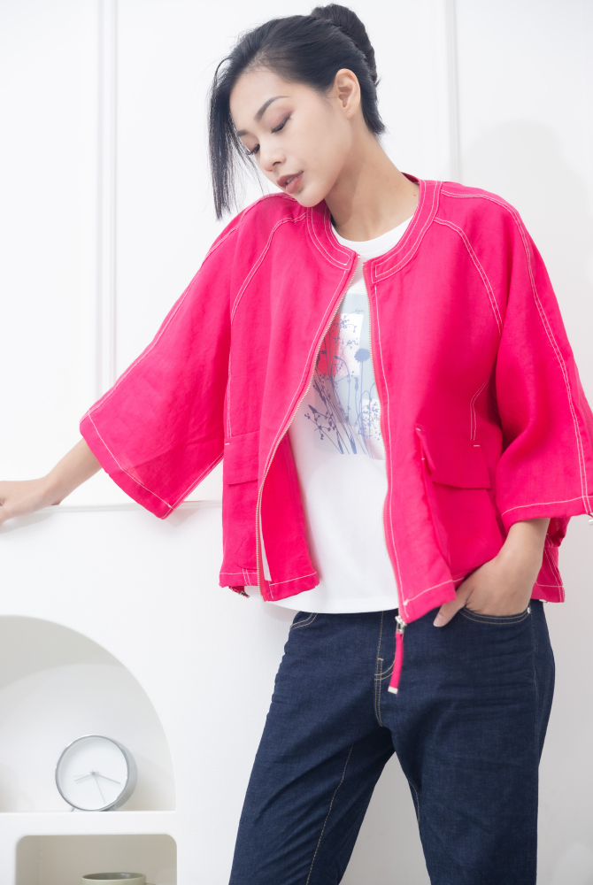 코트 中山領白色車線袖口抽繩外套 / 粉色