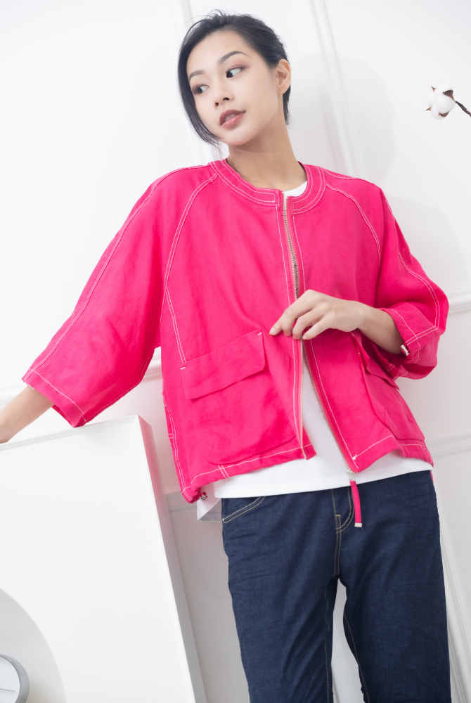 코트 中山領白色車線袖口抽繩外套 / 粉色