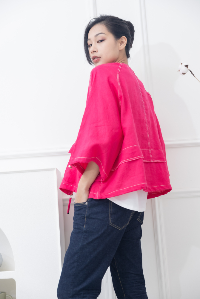 코트 中山領白色車線袖口抽繩外套 / 粉色