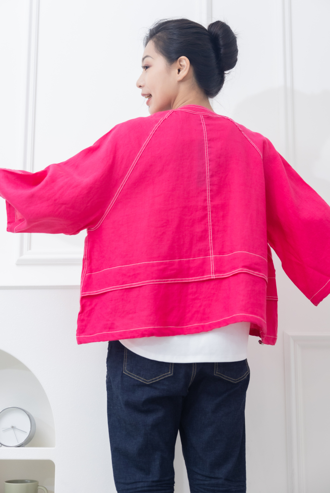 코트 中山領白色車線袖口抽繩外套 / 粉色