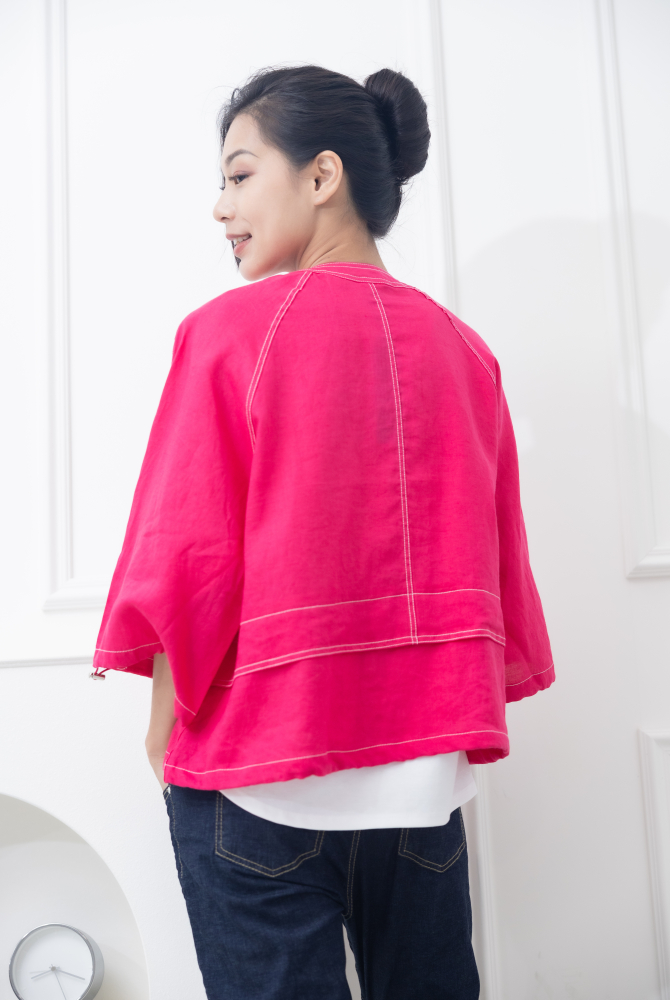 코트 中山領白色車線袖口抽繩外套 / 粉色