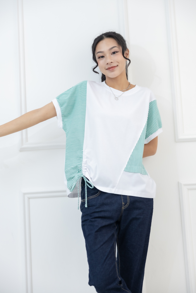 반팔 綠白條紋右側抽繩上衣 / 白色