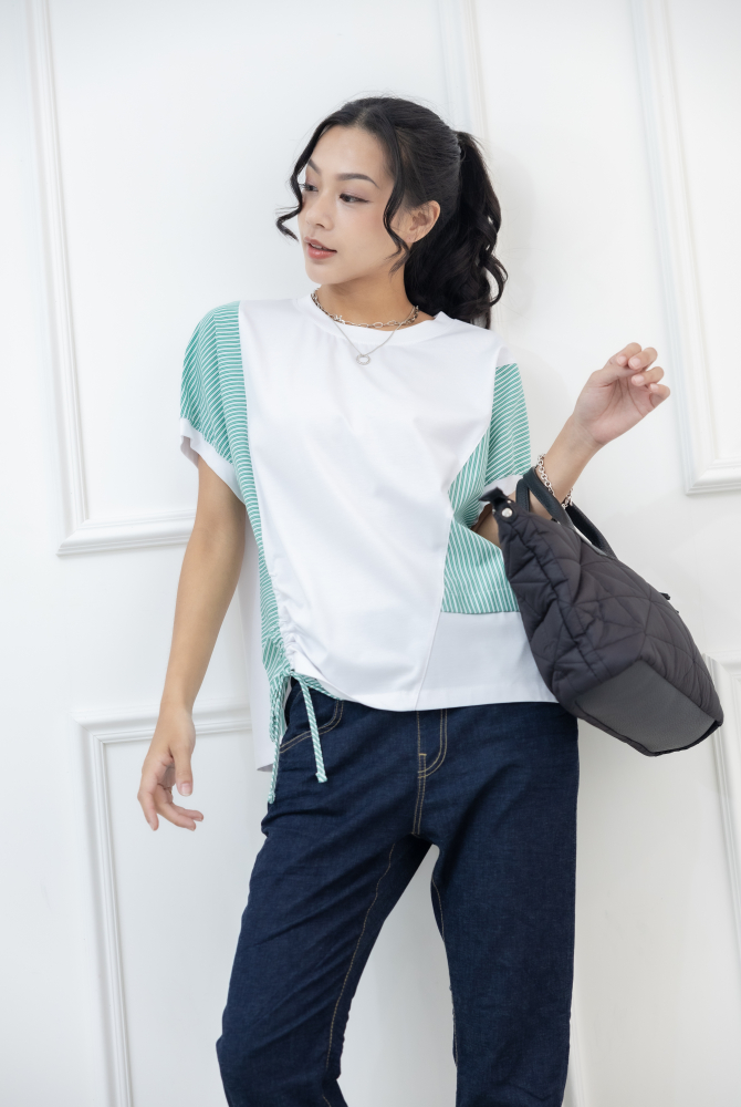 반팔 綠白條紋右側抽繩上衣 / 白色