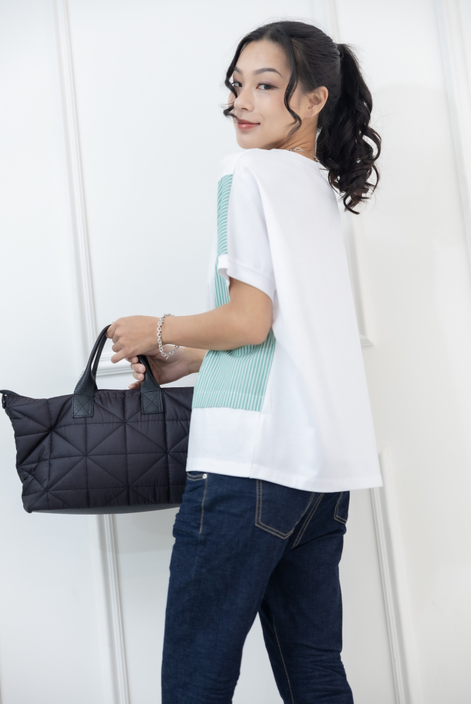 반팔 綠白條紋右側抽繩上衣 / 白色