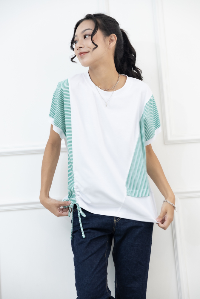 반팔 綠白條紋右側抽繩上衣 / 白色