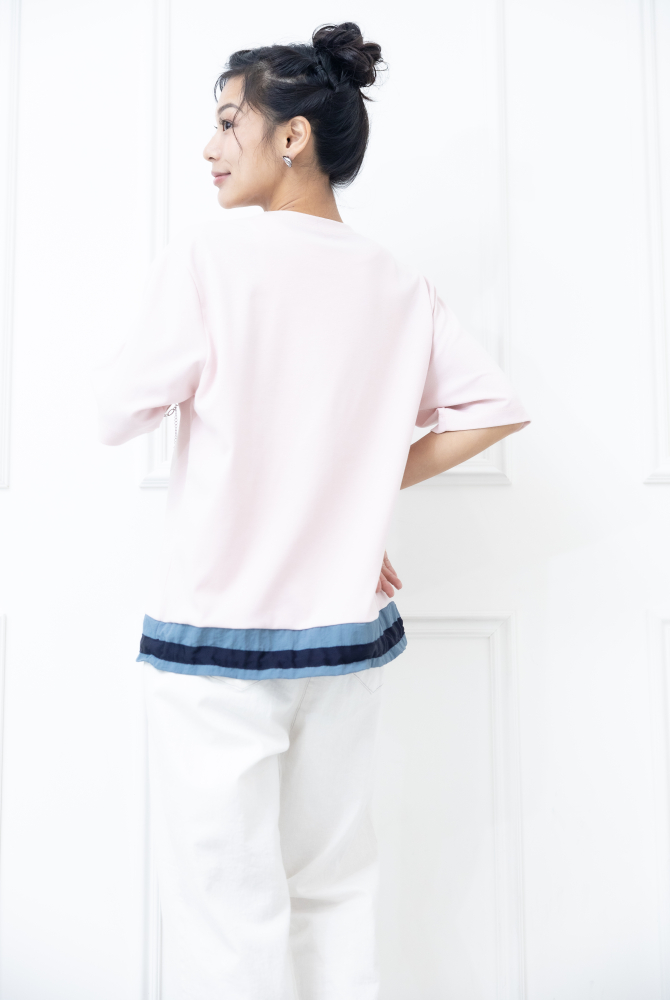 반팔 花朵裸空畫下擺抽繩六分袖上衣 / 粉色