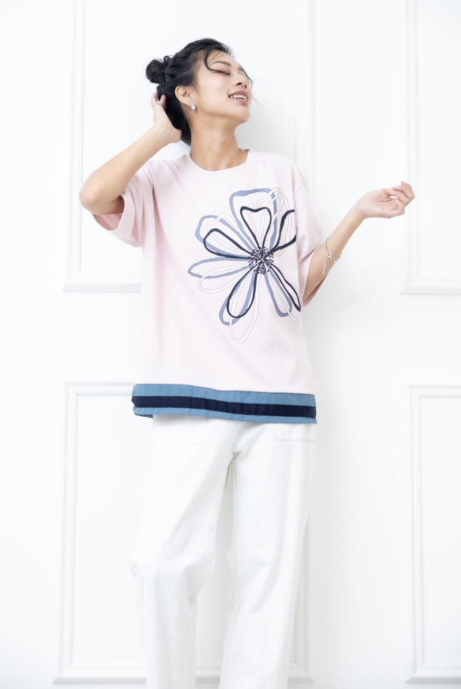 반팔 花朵裸空畫下擺抽繩六分袖上衣 / 粉色