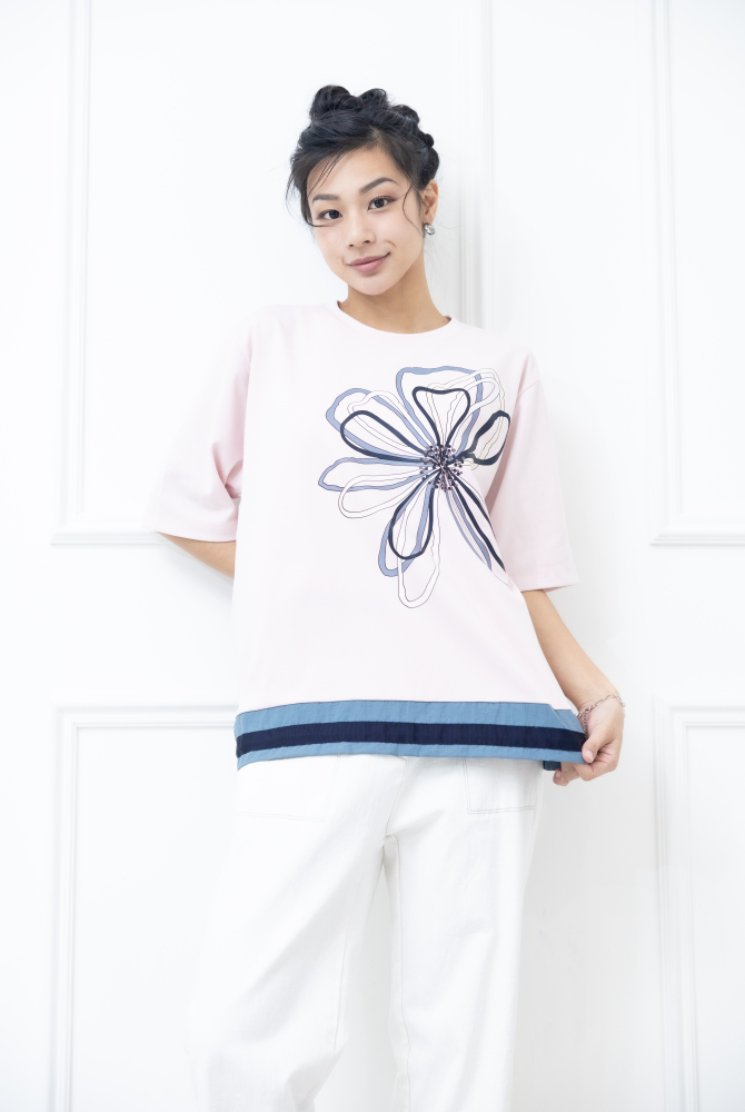 반팔 花朵裸空畫下擺抽繩六分袖上衣 / 粉色