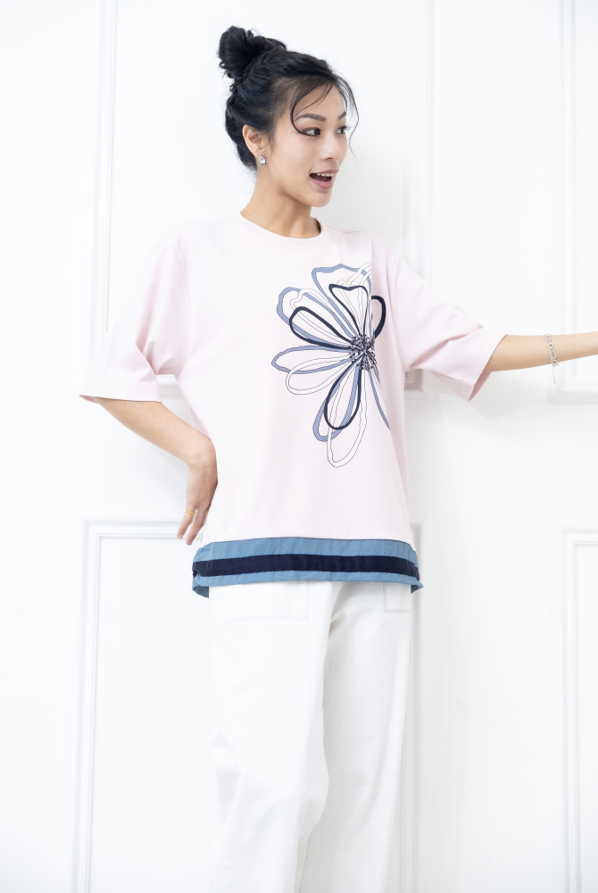 반팔 花朵裸空畫下擺抽繩六分袖上衣 / 粉色