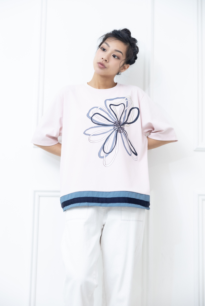 반팔 花朵裸空畫下擺抽繩六分袖上衣 / 粉色