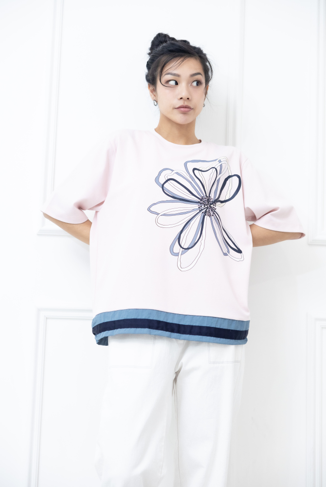 반팔 花朵裸空畫下擺抽繩六分袖上衣 / 粉色