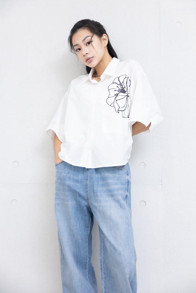 반팔 黑扶桑花六分袖襯衫 / 白色