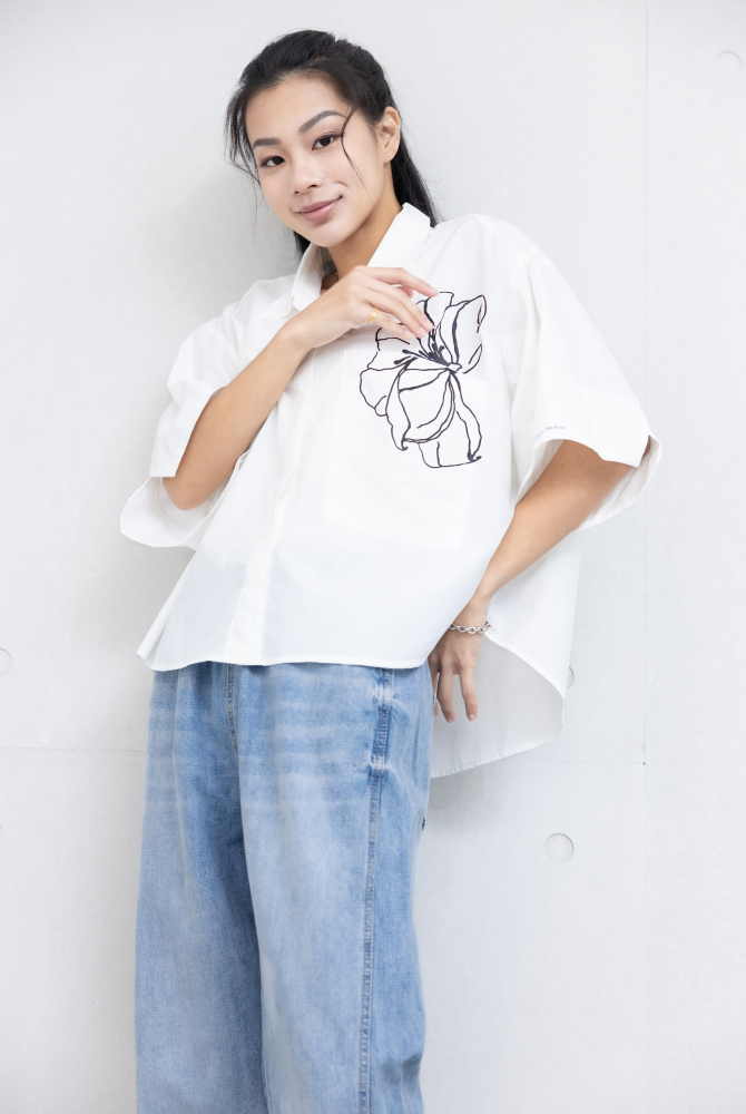 반팔 黑扶桑花六分袖襯衫 / 白色