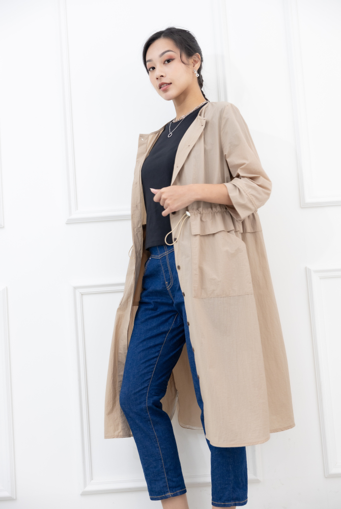 원피스 素面腰部抽繩七分袖洋裝 / 奶茶色