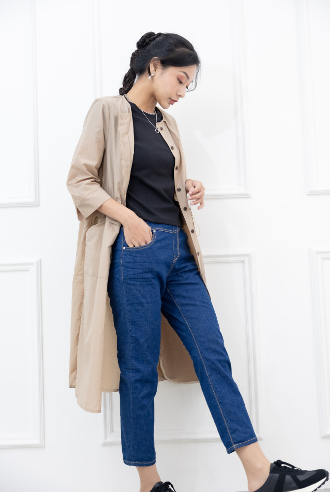 원피스 素面腰部抽繩七分袖洋裝 / 奶茶色