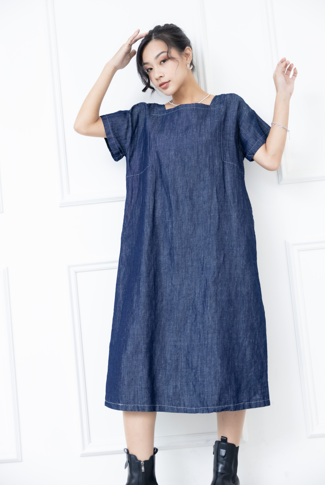 원피스 方領落肩口袋洋裝 / 藍色