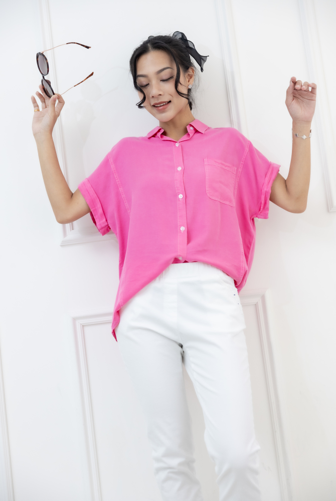 반팔 白色車線袖子反摺短袖襯衫 / 粉色