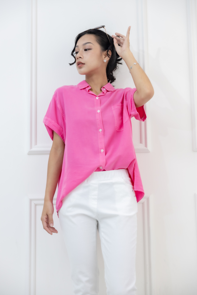 반팔 白色車線袖子反摺短袖襯衫 / 粉色