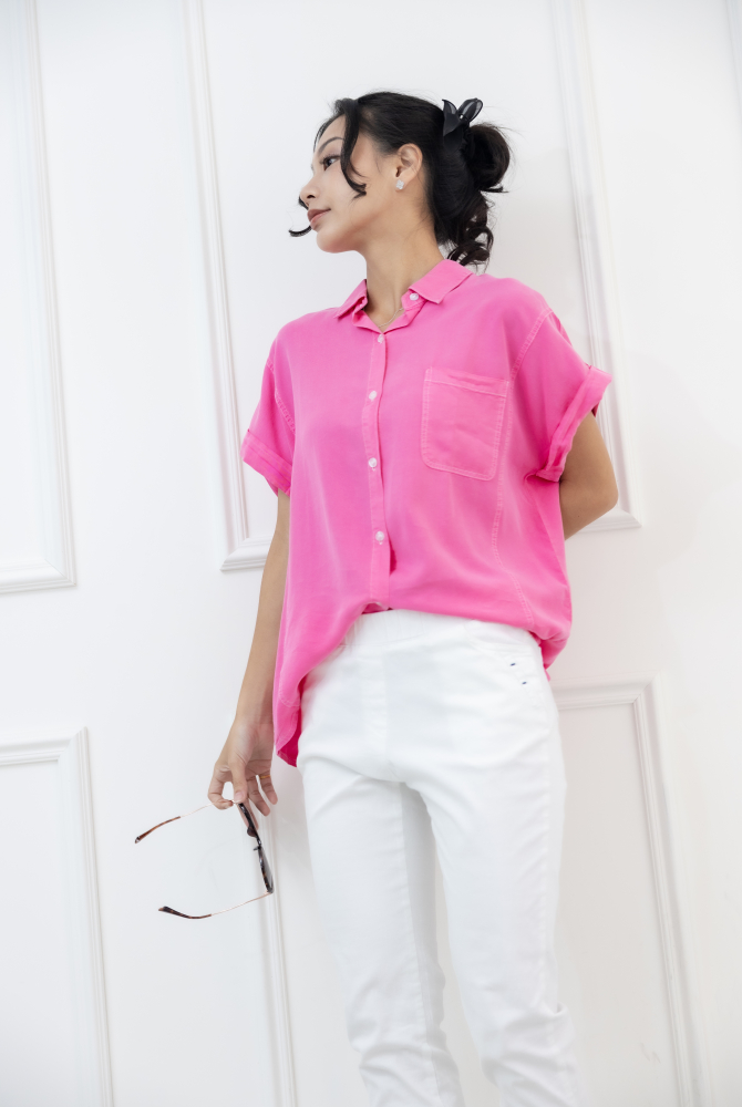 반팔 白色車線袖子反摺短袖襯衫 / 粉色
