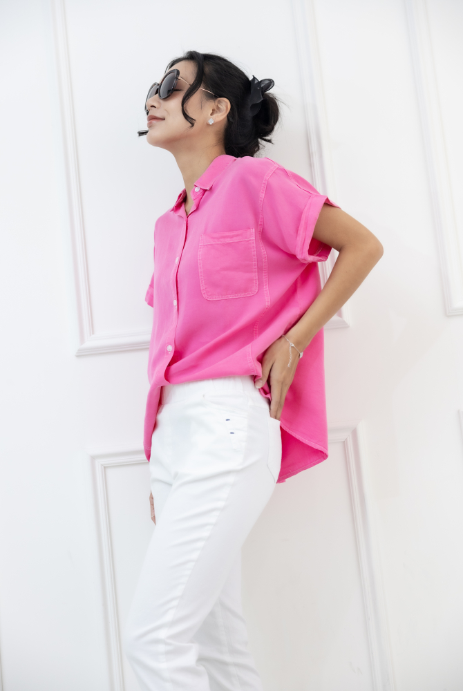 반팔 白色車線袖子反摺短袖襯衫 / 粉色