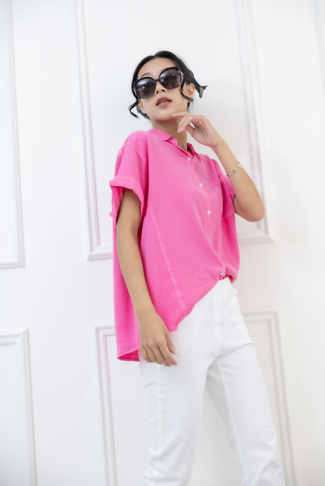 반팔 白色車線袖子反摺短袖襯衫 / 粉色