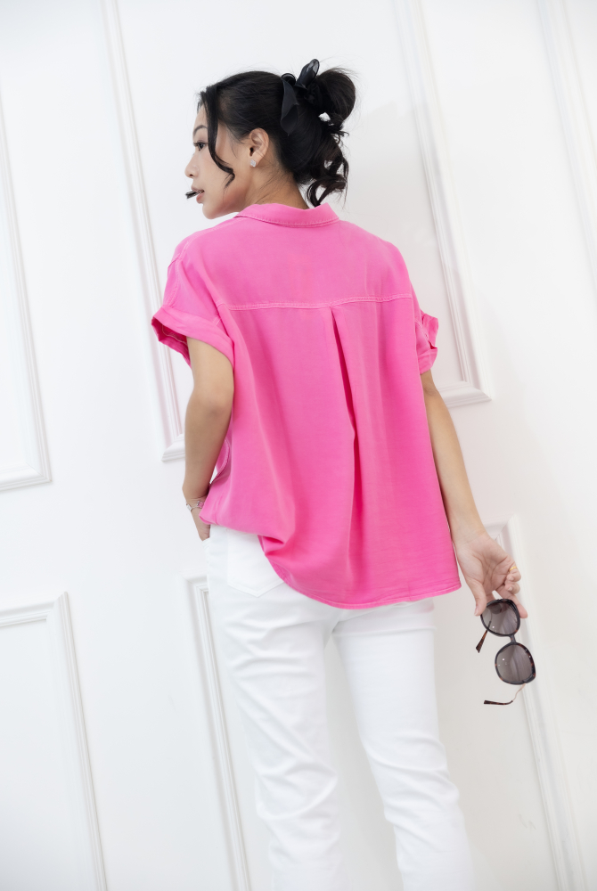 반팔 白色車線袖子反摺短袖襯衫 / 粉色