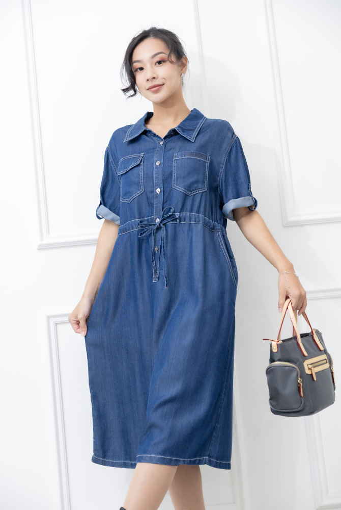 원피스 襯衫領白色車線抽繩洋裝 / 深牛仔藍色