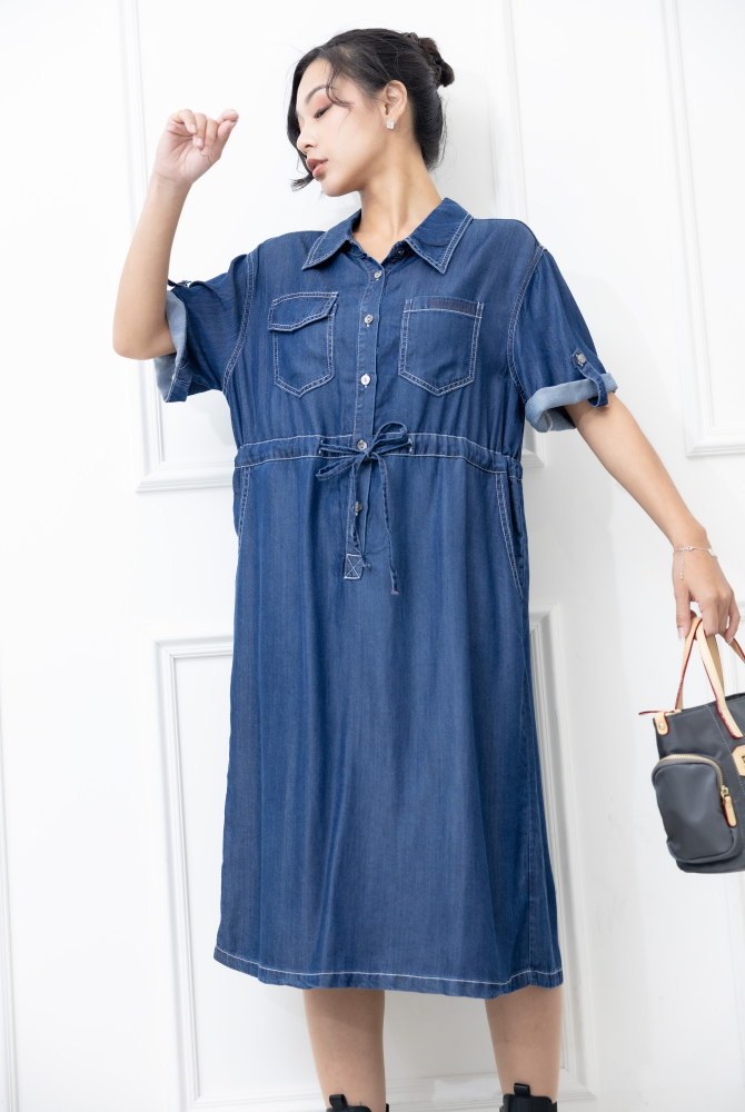 원피스 襯衫領白色車線抽繩洋裝 / 深牛仔藍色