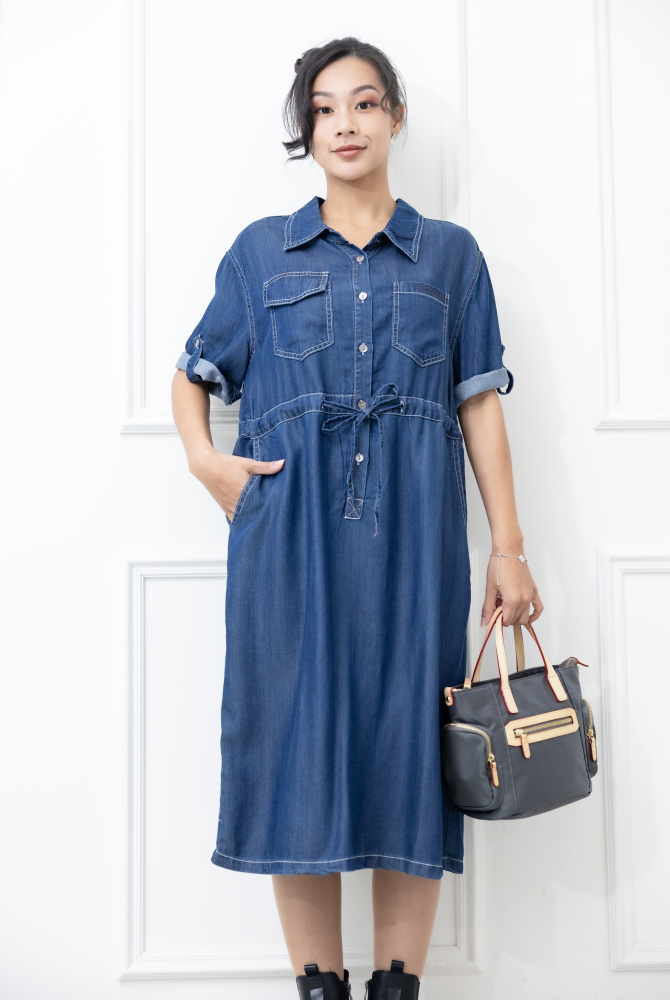 원피스 襯衫領白色車線抽繩洋裝 / 深牛仔藍色