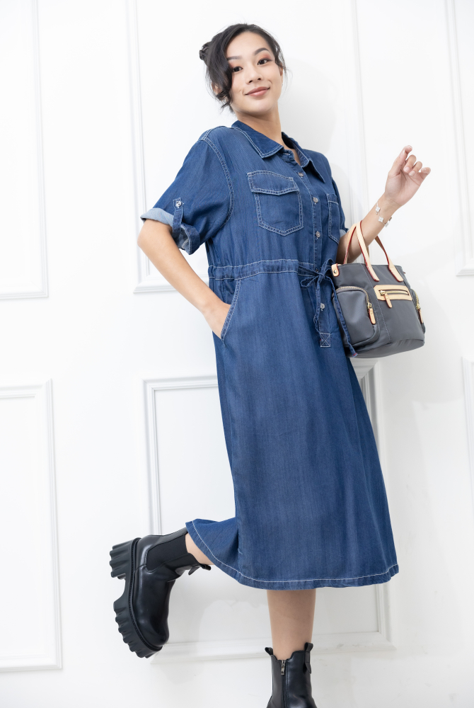 원피스 襯衫領白色車線抽繩洋裝 / 深牛仔藍色