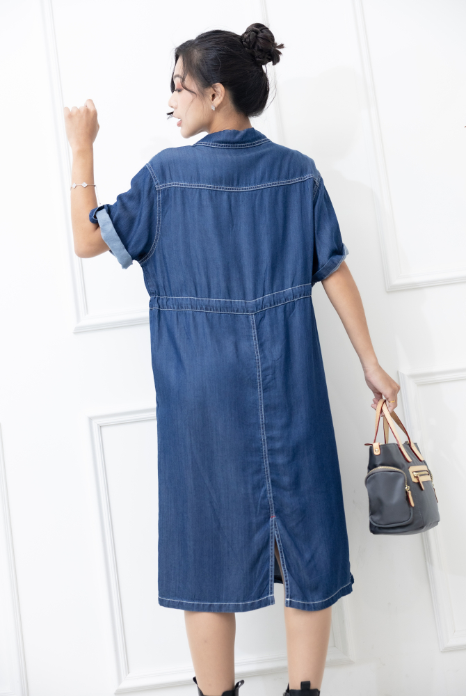 원피스 襯衫領白色車線抽繩洋裝 / 深牛仔藍色