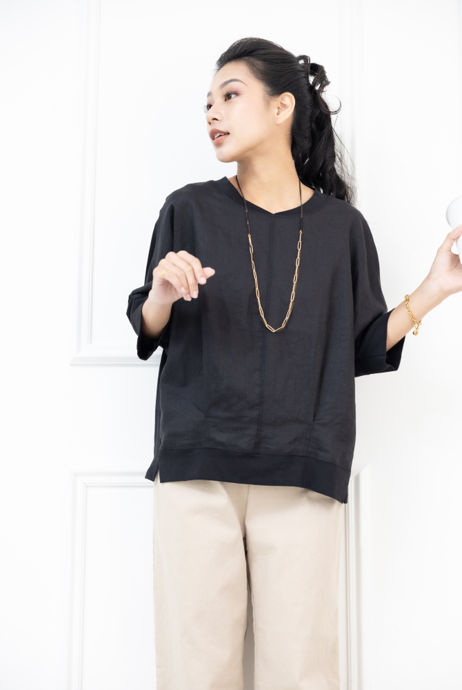 반팔 V領異材質拼接短袖上衣 / 黑色