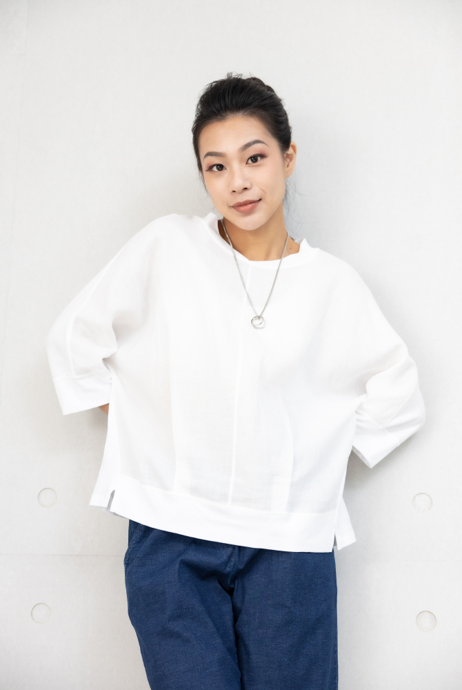 반팔 V領異材質拼接短袖上衣 / 白色