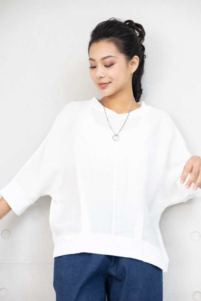 반팔 V領異材質拼接短袖上衣 / 白色