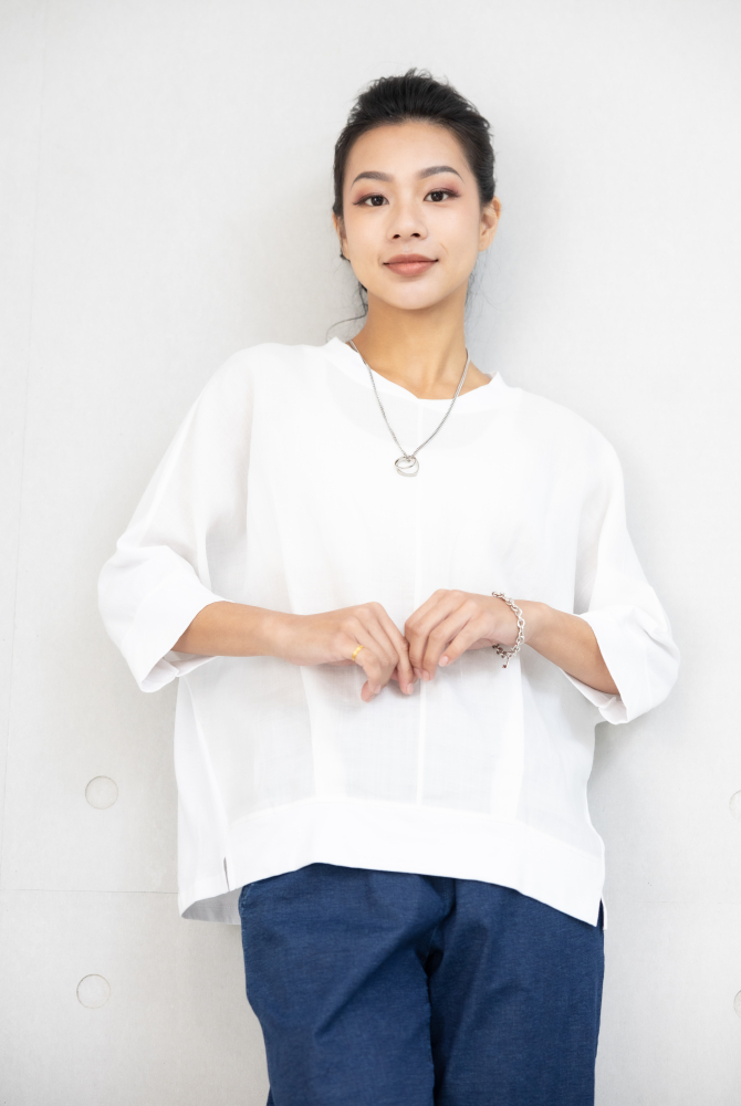 반팔 V領異材質拼接短袖上衣 / 白色