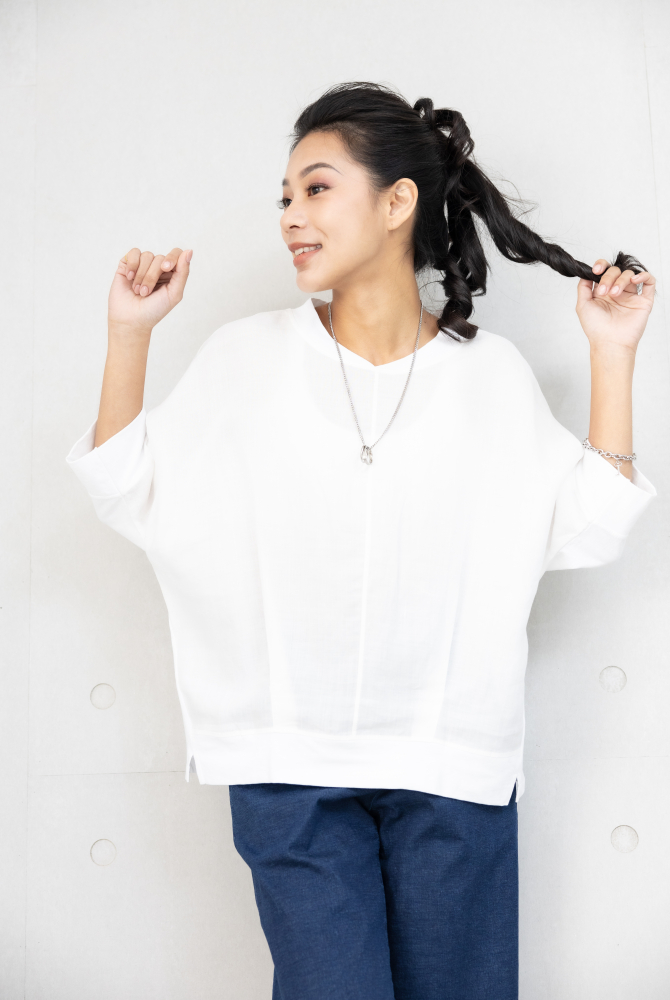 반팔 V領異材質拼接短袖上衣 / 白色