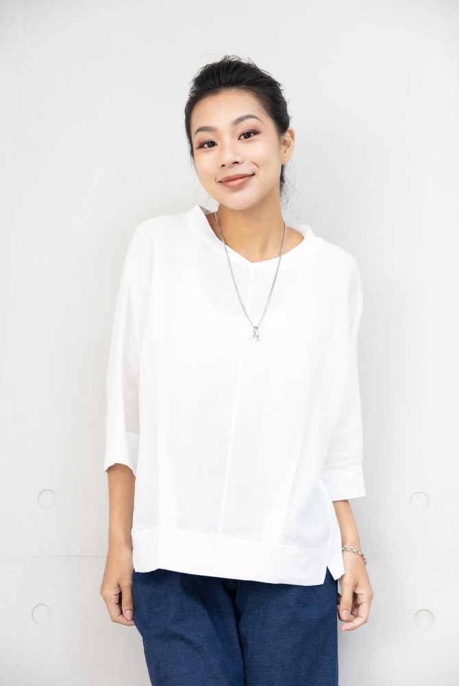 반팔 V領異材質拼接短袖上衣 / 白色