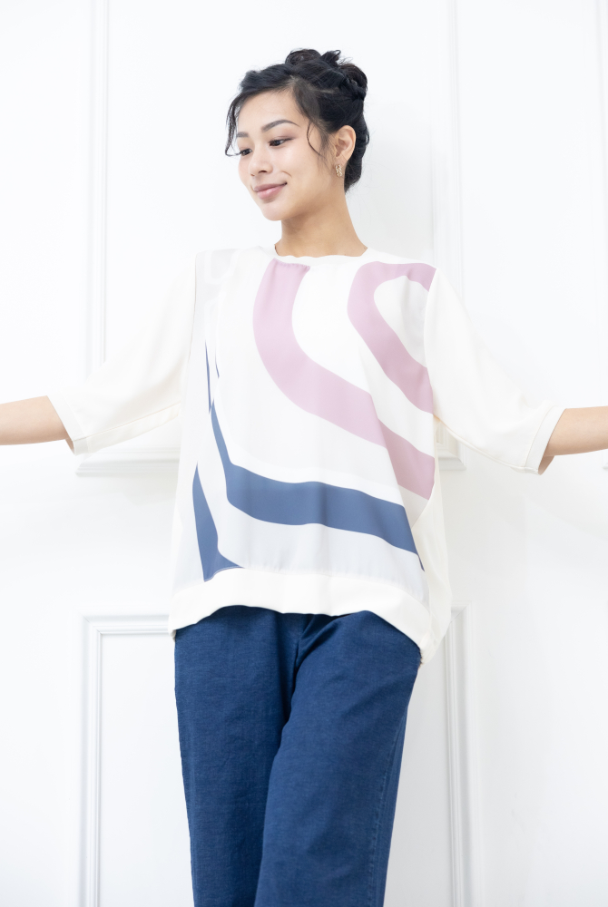 반팔 灰粉線條色塊短袖上衣 / 米色