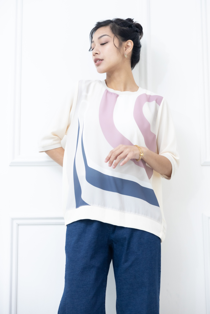 반팔 灰粉線條色塊短袖上衣 / 米色