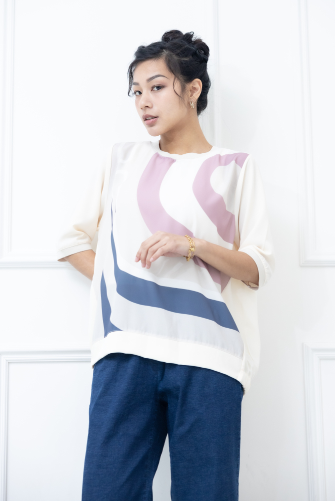 반팔 灰粉線條色塊短袖上衣 / 米色