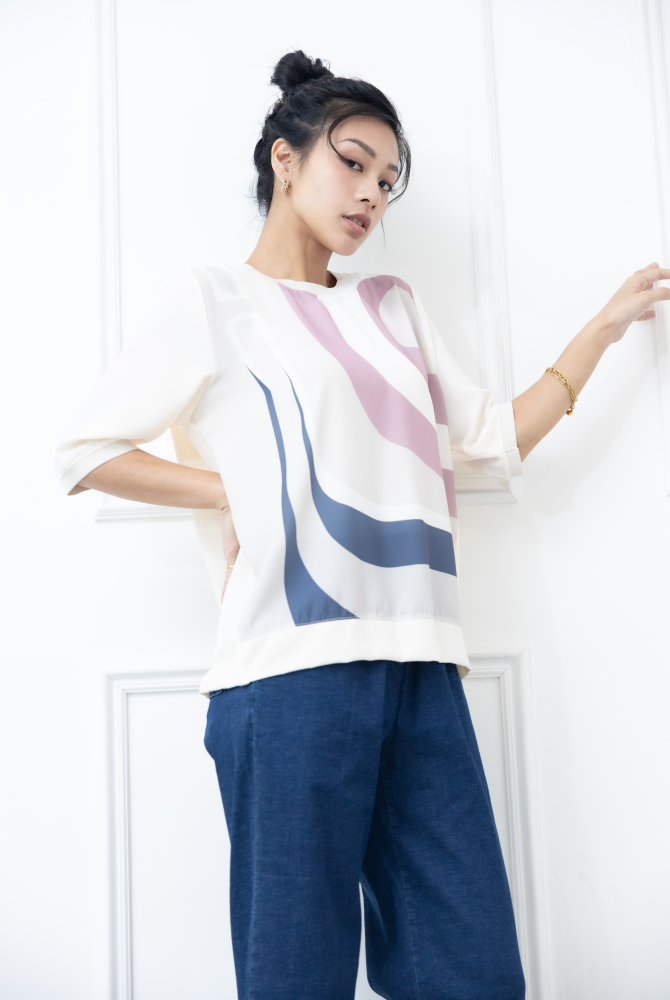 반팔 灰粉線條色塊短袖上衣 / 米色