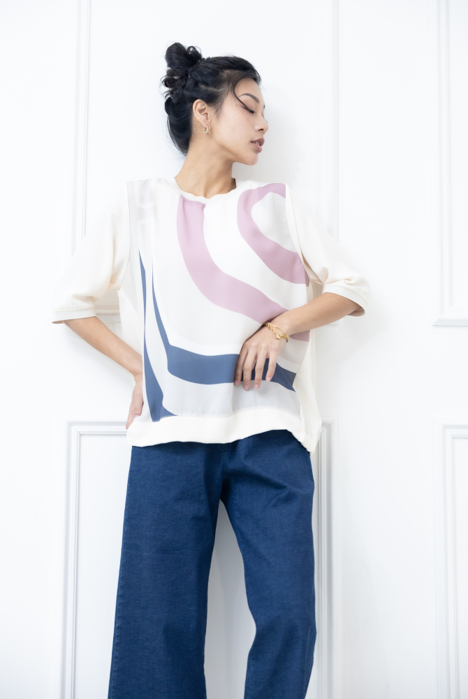 반팔 灰粉線條色塊短袖上衣 / 米色