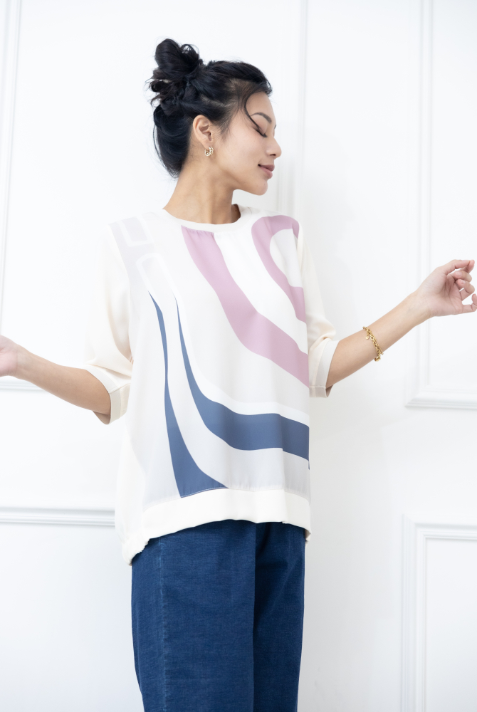 반팔 灰粉線條色塊短袖上衣 / 米色