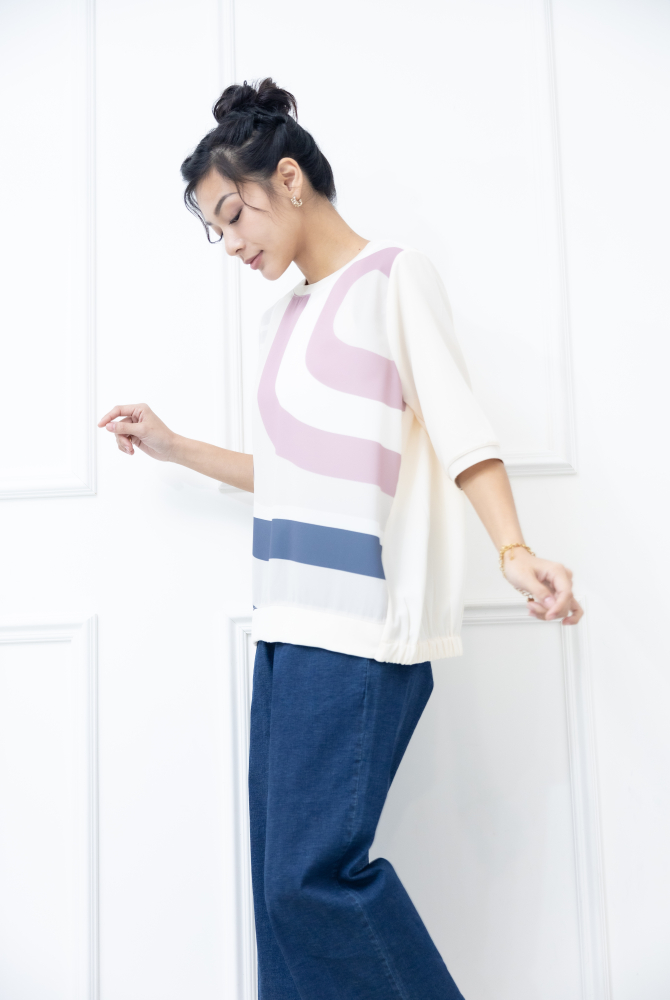 반팔 灰粉線條色塊短袖上衣 / 米色