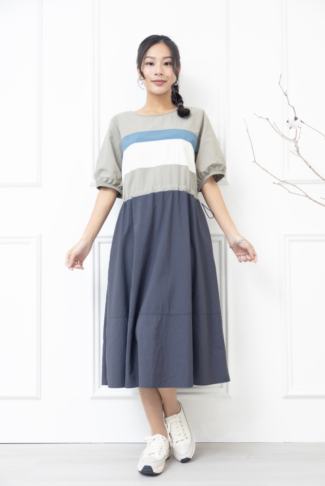 원피스 米.藍色橫條紋腰部抽繩五分袖洋裝 / 灰色