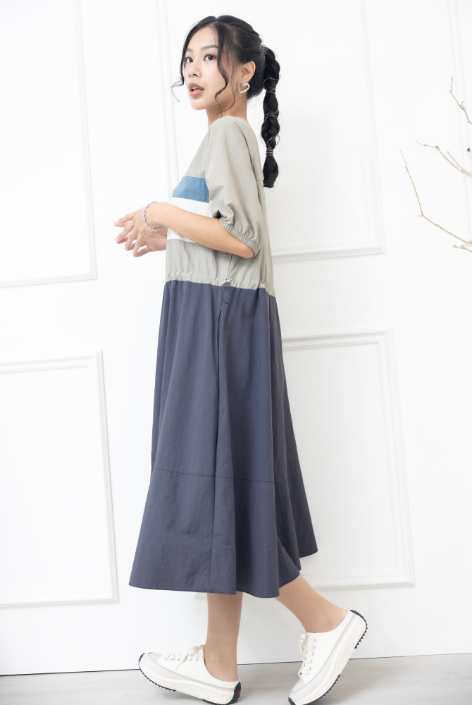 원피스 米.藍色橫條紋腰部抽繩五分袖洋裝 / 灰色