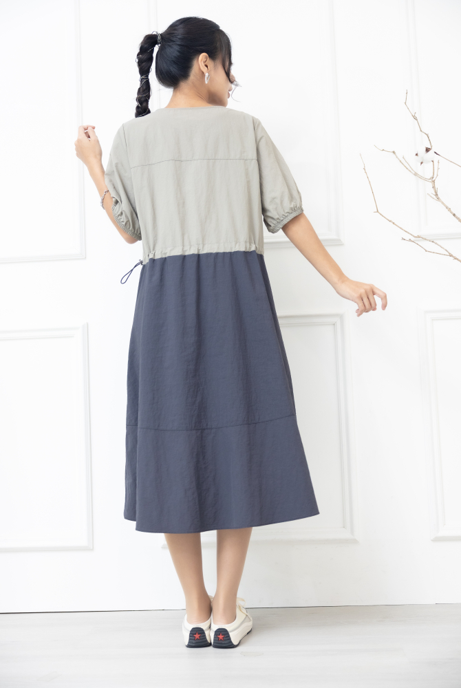 원피스 米.藍色橫條紋腰部抽繩五分袖洋裝 / 灰色