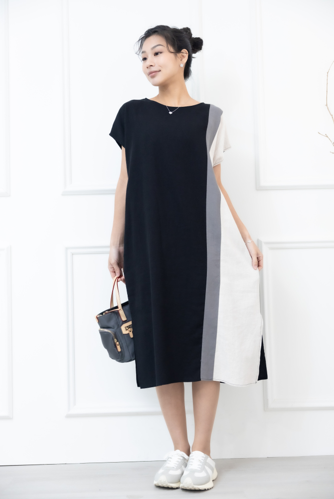 원피스 側下擺開衩洋裝 / 黑色拼灰色