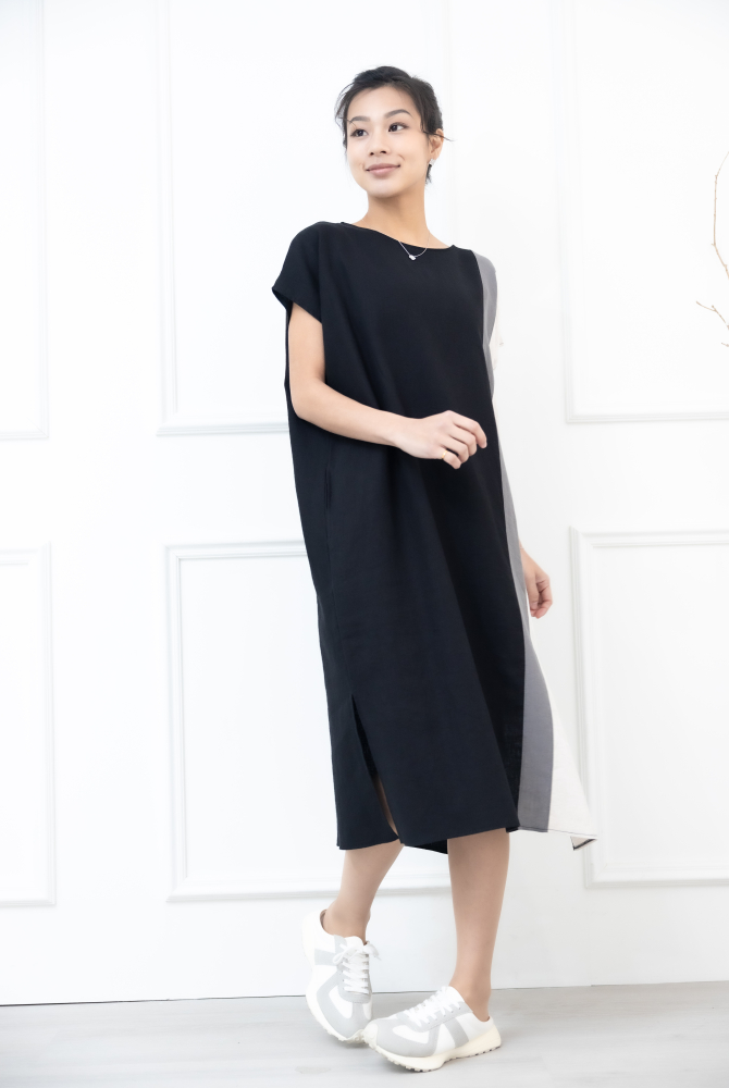 원피스 側下擺開衩洋裝 / 黑色拼灰色