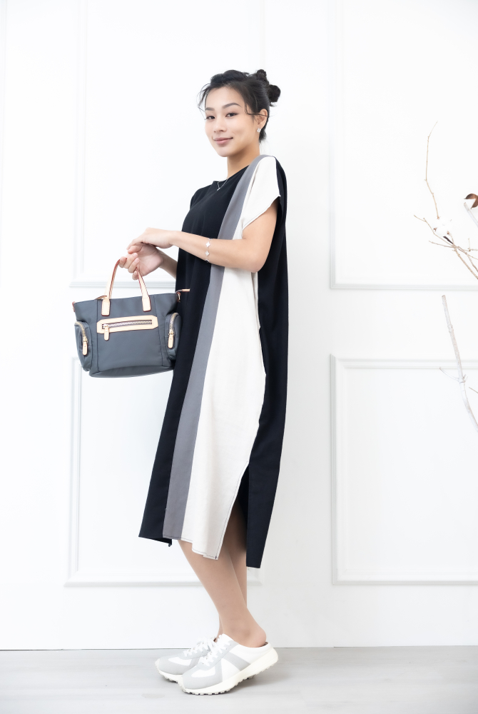 원피스 側下擺開衩洋裝 / 黑色拼灰色